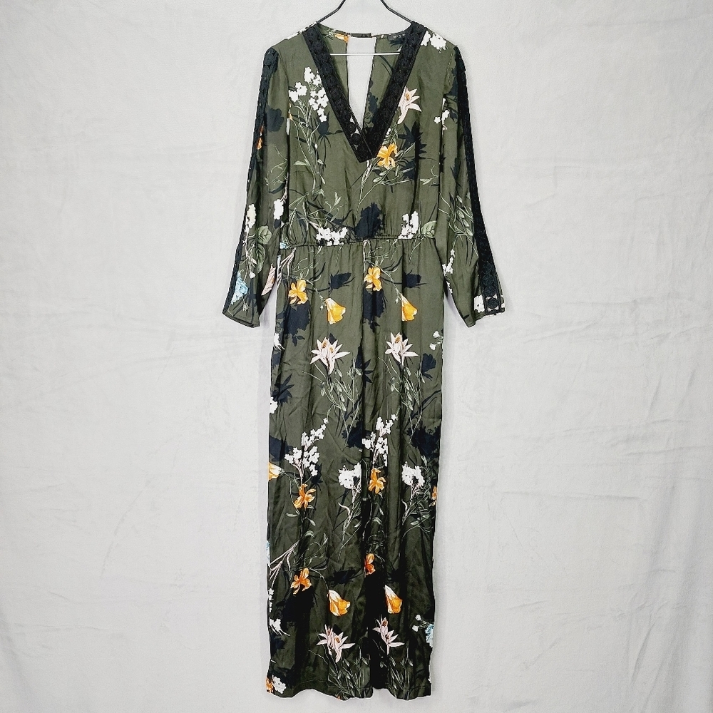 NEW River Island Khaki Floral Print Neo Classic Long Sleeve Maxi Dress P5355